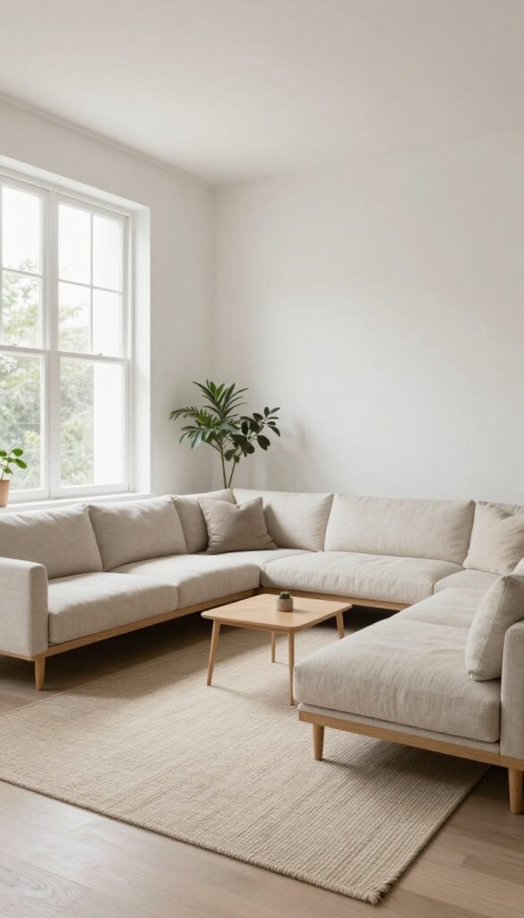 Bright narrow living room with a light linen chaise sectional along the longest wall, slim nesting coffee table, raised legs, and clear walkway, no text or labels.