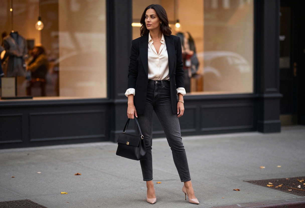 Woman wearing dark skinny jeans, cream blouse, black blazer, and nude pumps standing on a city street at dusk.