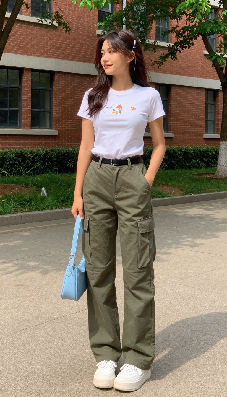 1. Baby Tee + Low-Rise Cargo Pants + Chunky Sneakers