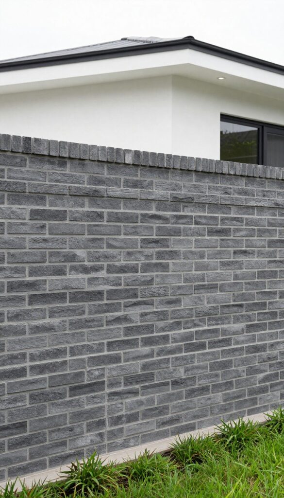 Modern horizontal stacked charcoal-gray brick fence with thin mortar lines in front of a contemporary home with white trim, bright natural daylight