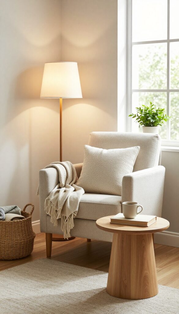 Cozy living room corner reading nook with an upholstered armchair, floor lamp, small side table, throw blanket, pillow, and woven basket in bright natural light
