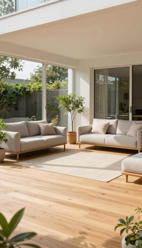 Small backyard ground-level deck flowing seamlessly from a bright living room through open sliding glass doors, with matching light wood flooring and consistent neutral furniture.