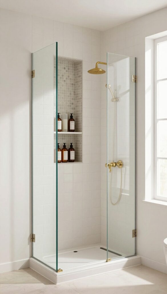 Bright modern bathroom half wall shower with a built-in recessed tile niche storing shower bottles, glass panel above, and natural light.