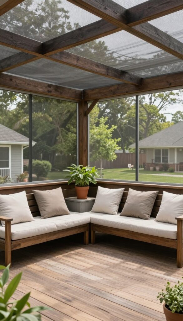 A screened-in roofed deck with dark-framed screen panels, cozy outdoor furniture, and greenery visible through the mesh in bright natural daylight