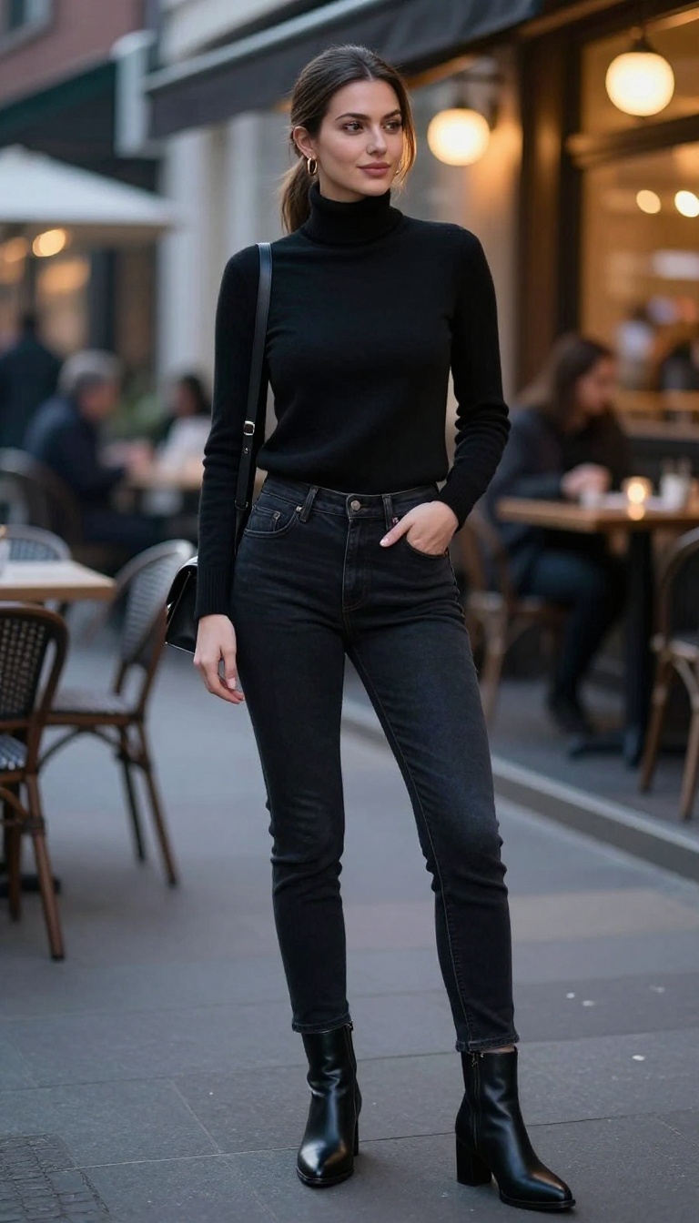 1. Dark Wash Skinny Jeans + Cashmere Turtleneck + Heeled Ankle Boots