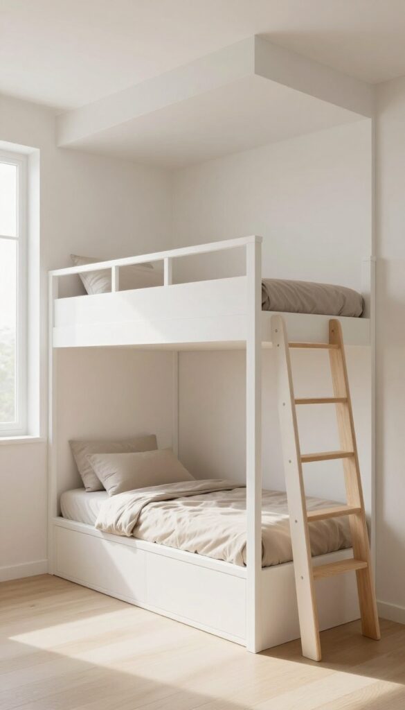 Bright small bedroom with built-in white wall bunk beds, slim safety rail, wooden ladder, neutral bedding, and recessed bunk lighting.