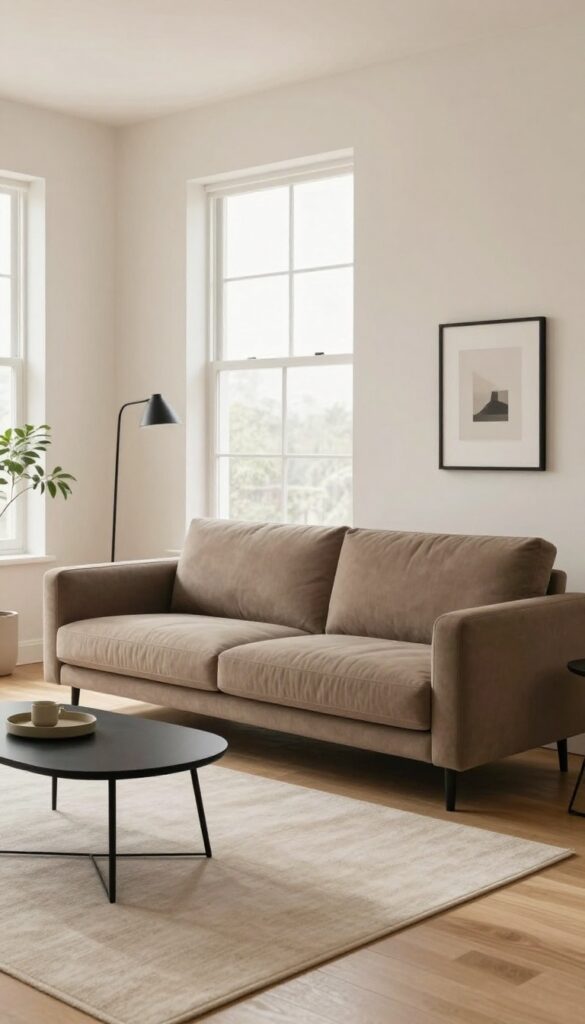 Bright living room with a taupe sofa accented by slim matte black metal lamp, thin black frame, and minimal black side table in natural daylight.