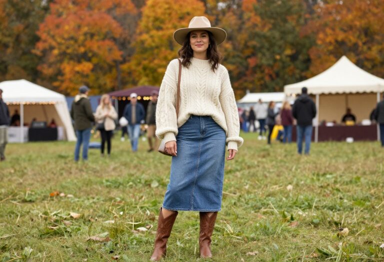 Woman wearing a jean skirt, cream sweater, and cowgirl boots at a fall country concert.