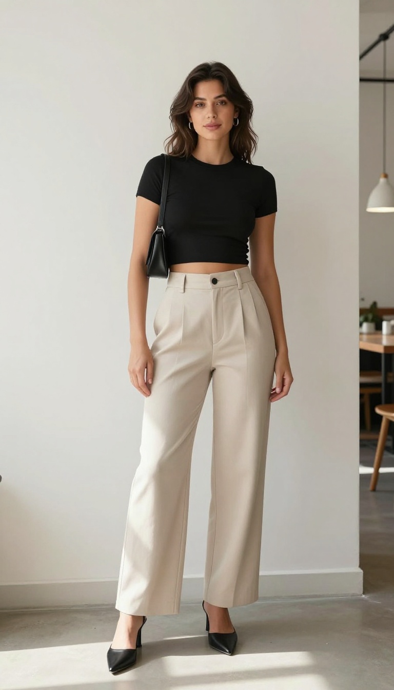 8. High-Waisted Wide-Leg Trousers with a Crop Top