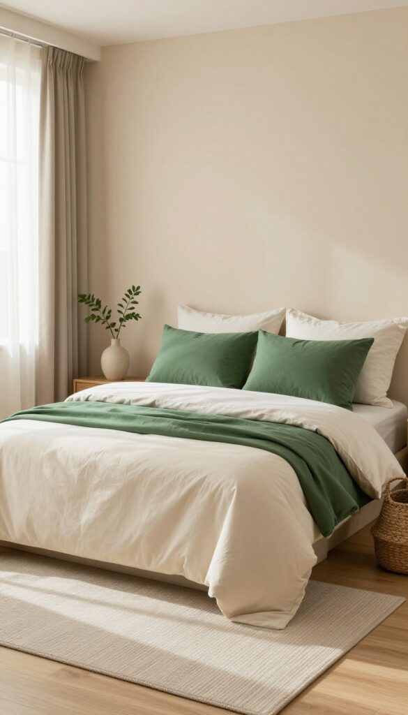 Bright small bedroom with forest green pillows and throws layered over cream, beige, and soft gray bedding, warm neutral walls, light wood floor, and natural window light.