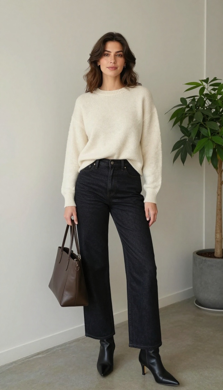 5. Wide-Leg Jeans + Cropped Sweater + Heeled Boots