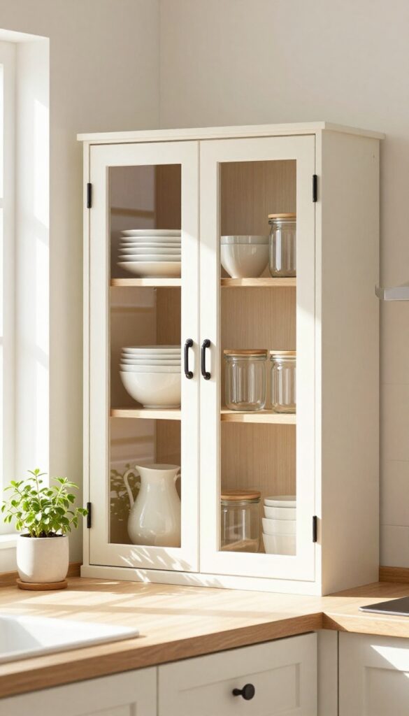 Bright farmhouse kitchen upper cabinet with glass-front doors showing neatly stacked white dishes and clear storage jars in natural light