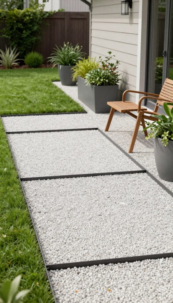 Front yard pea gravel patio with dark steel edging, wood and metal seating, large planters, and green lawn in bright natural light.