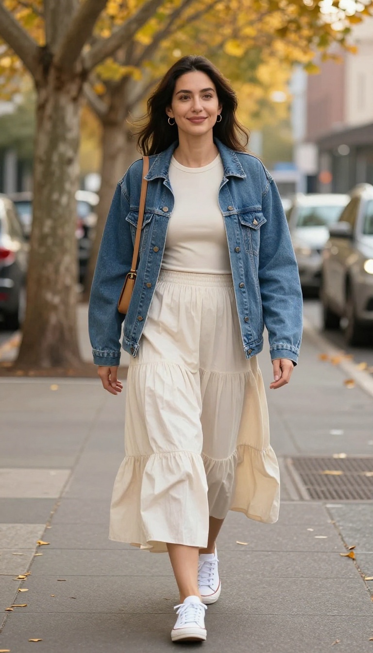 10. Corset + Tiered Ruffle Skirt + Denim Jacket + Sneakers