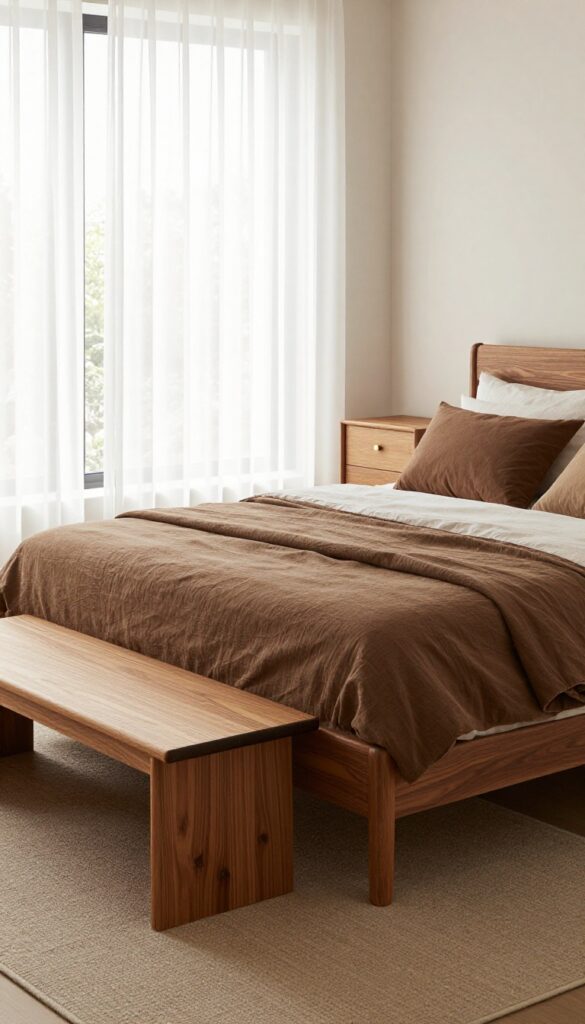 Cozy brown bedroom with a walnut bed frame, oak nightstands, and a small espresso wooden bench, styled with mixed wood tones in bright natural light