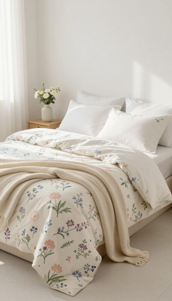 Bright bedroom with a soft pastel floral comforter in dusty pink, sage green, lavender, and pale blue, styled with solid white pillowcases and a knitted throw blanket in natural light.