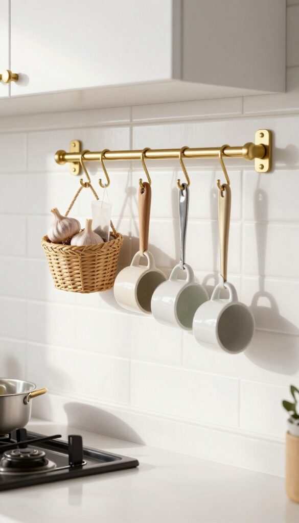 Small kitchen wall with a mounted metal rail holding hanging utensils, mugs, and small baskets in bright natural light
