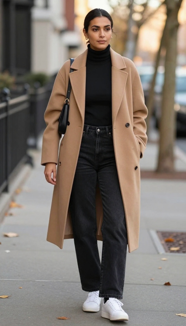 2. Camel Coat Over Black Baggy Jeans and Turtleneck
