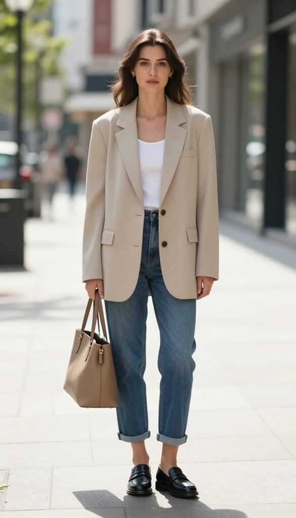 Woman wearing denim shorts with a white tank top and an oversized neutral blazer, styled with loafers and a structured handbag for a polished summer outfit.