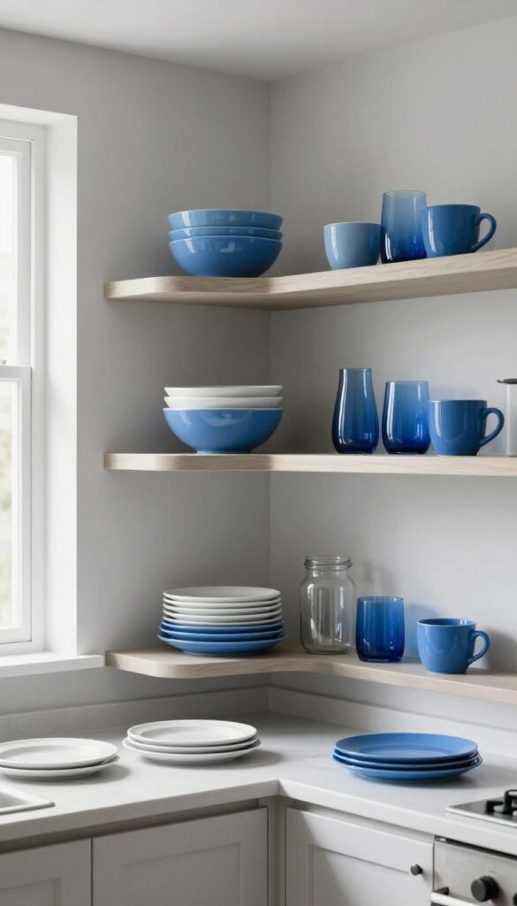 Grey painted open kitchen shelves styled with blue bowls, mugs, a blue vase, and blue glassware, mixed with white plates and clear glass jars in a bright modern kitchen.