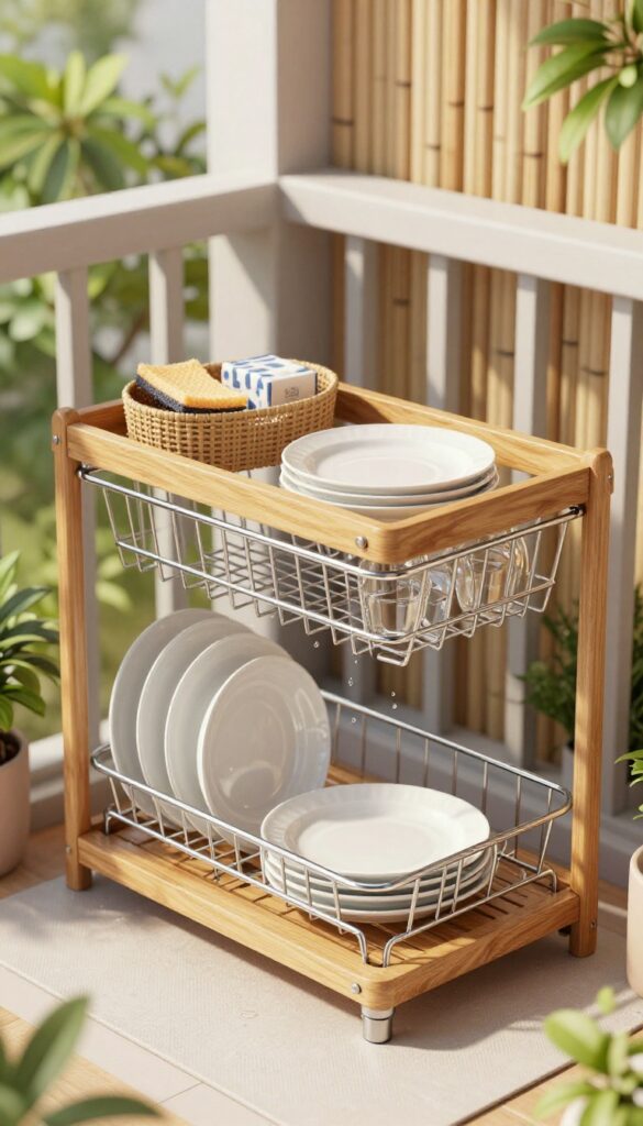 Stainless steel dish rack with clean plates and glasses air drying on a small wooden table on a sunny urban balcony, with a waterproof mat, soap basket, potted plants, and bamboo privacy screen in the background.