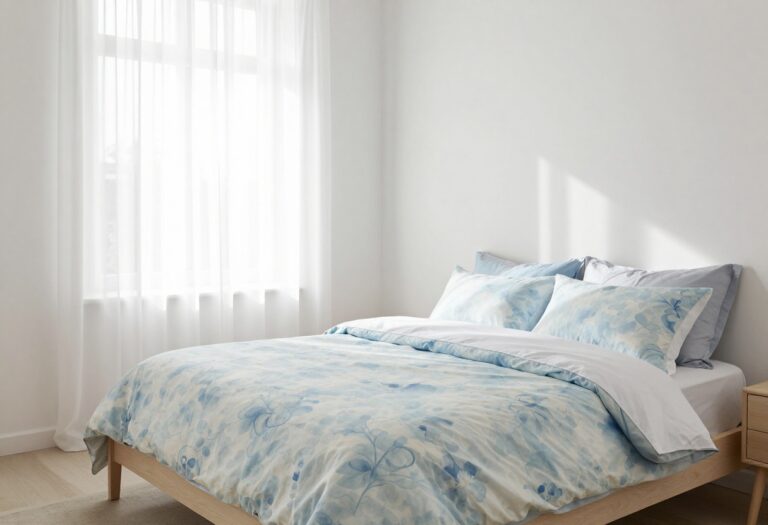 Calm bright bedroom with soft watercolor blue floral bedding, white pillowcases, pale wood nightstand, and natural light through sheer curtains