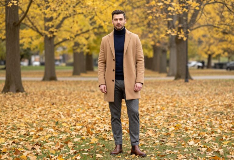 Man in camel overcoat and turtleneck for old money fall style
