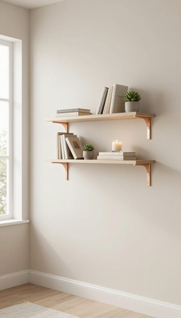 Light wood floating shelves with rose gold brackets styled with books, candles, and small plants in a bright bedroom.