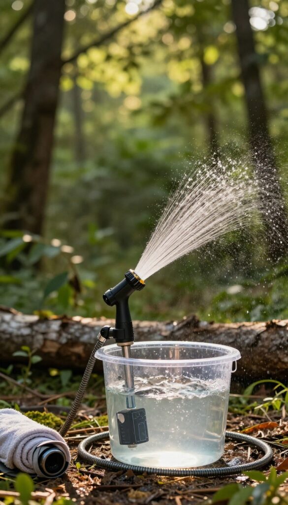 Portable pressurized camping shower pump in a bucket of water with a steady spray nozzle at a sunny forest campsite