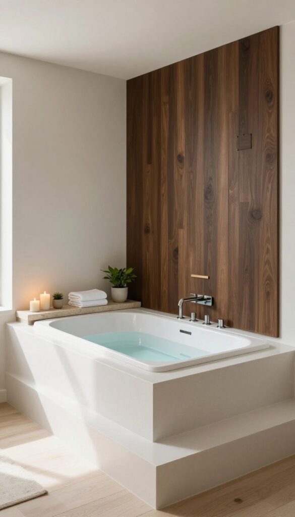 Photorealistic built-in bathtub with a slab shelf surround, decorated with candles, plants, and towels in a bright modern bathroom inspired by Minecraft building ideas.
