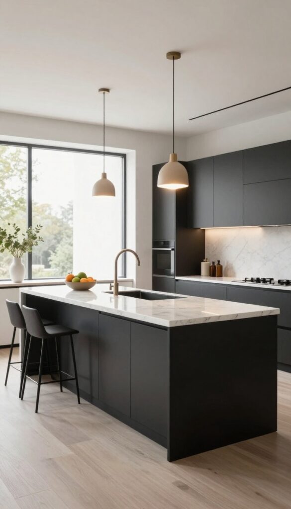 Luxurious black kitchen island with a crisp white quartz countertop, warm pendant lights above, and simple bar stools in a bright neutral kitchen.