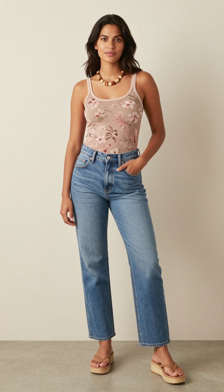 5. Stone-Wash Denim Jeans and a Muted Floral Mesh Top