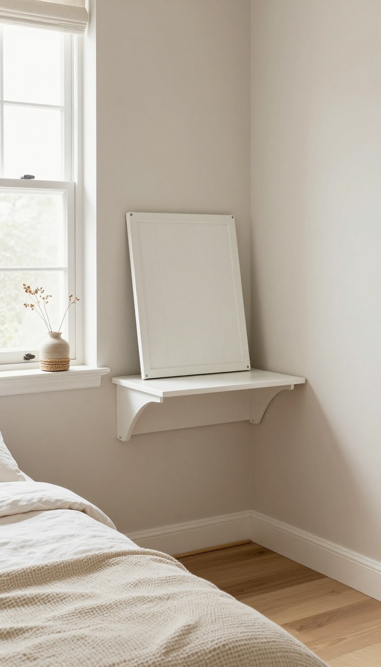 Small Pottery Barn-inspired bedroom with a wall-mounted fold-down desk in antique white, styled with a ceramic vase and woven basket in bright natural light