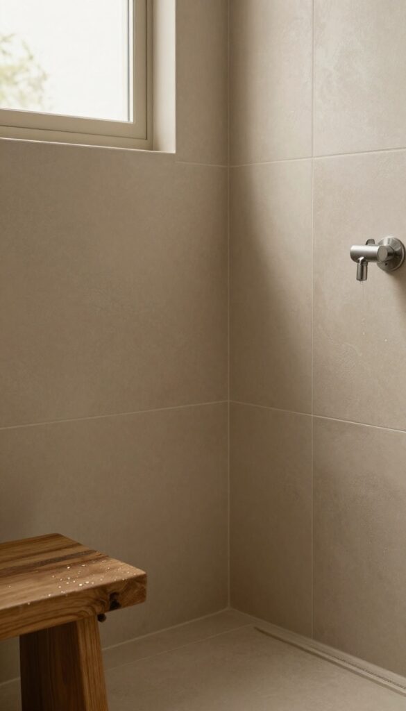 Rustic bathroom shower with soft matte beige tiles, natural light, and textured stone accents