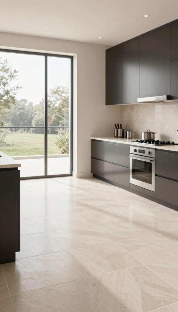 Bright upscale kitchen with light stone-look porcelain tile flooring, dark cabinets, and stainless steel appliances in natural daylight