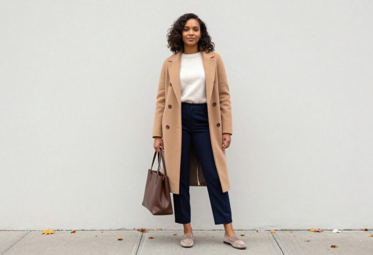 Woman in camel coat and cream sweater for old money fall outfit