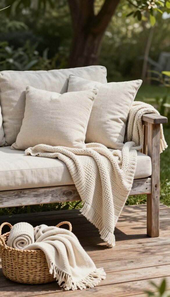 Cozy back deck seating with layered outdoor throw pillows in neutral linen and knit textures, a soft blanket draped over the armrest, and a woven basket of blankets nearby in bright natural light