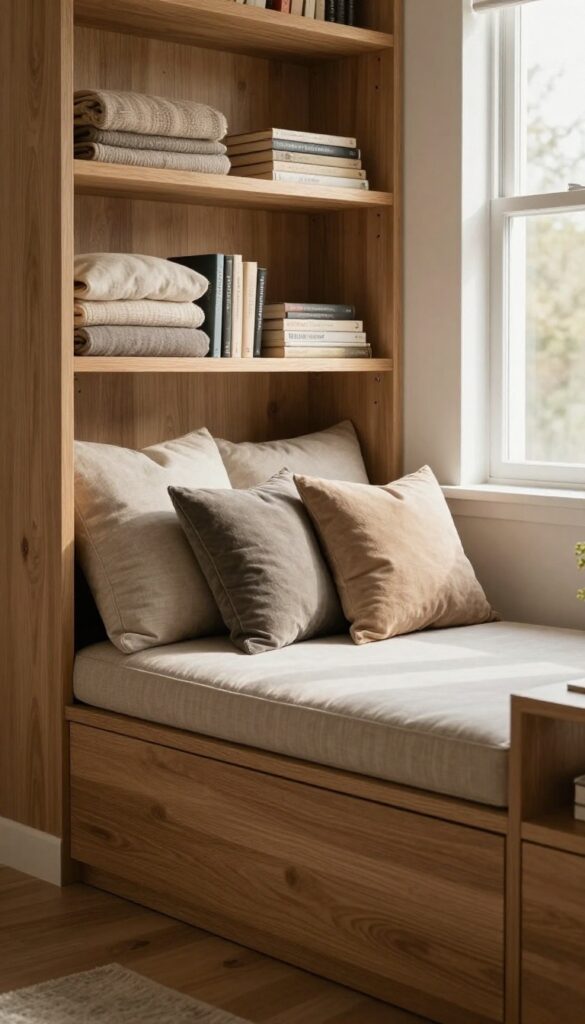 Cozy built-in reading nook with a cushioned storage bench, pillows, and shelves in a bright living room alcove