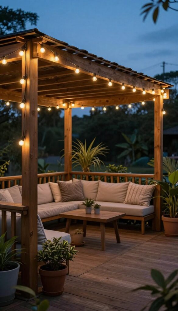 Cozy back deck at dusk with warm white string lights draped loosely overhead between wooden posts, creating a soft glowing ceiling above comfortable outdoor seating