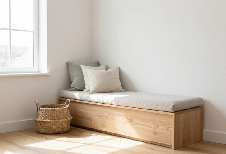 Bright living room alcove with a built-in storage bench reading nook and soft throw pillows in natural light