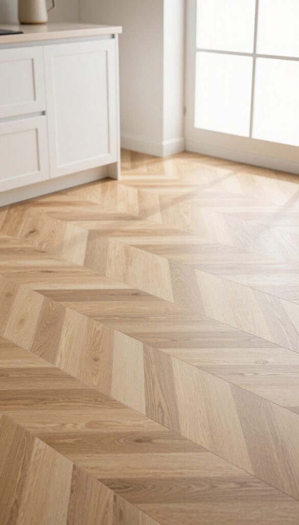 Bright kitchen with warm wood-look tile laid in a herringbone pattern across the floor, white cabinets and natural light in the background.