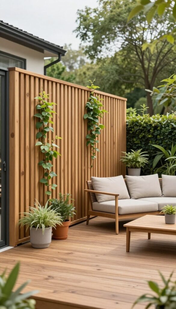 Modern backyard deck with vertical wood slat privacy screens and climbing plants, creating a cozy outdoor seating area in bright natural light