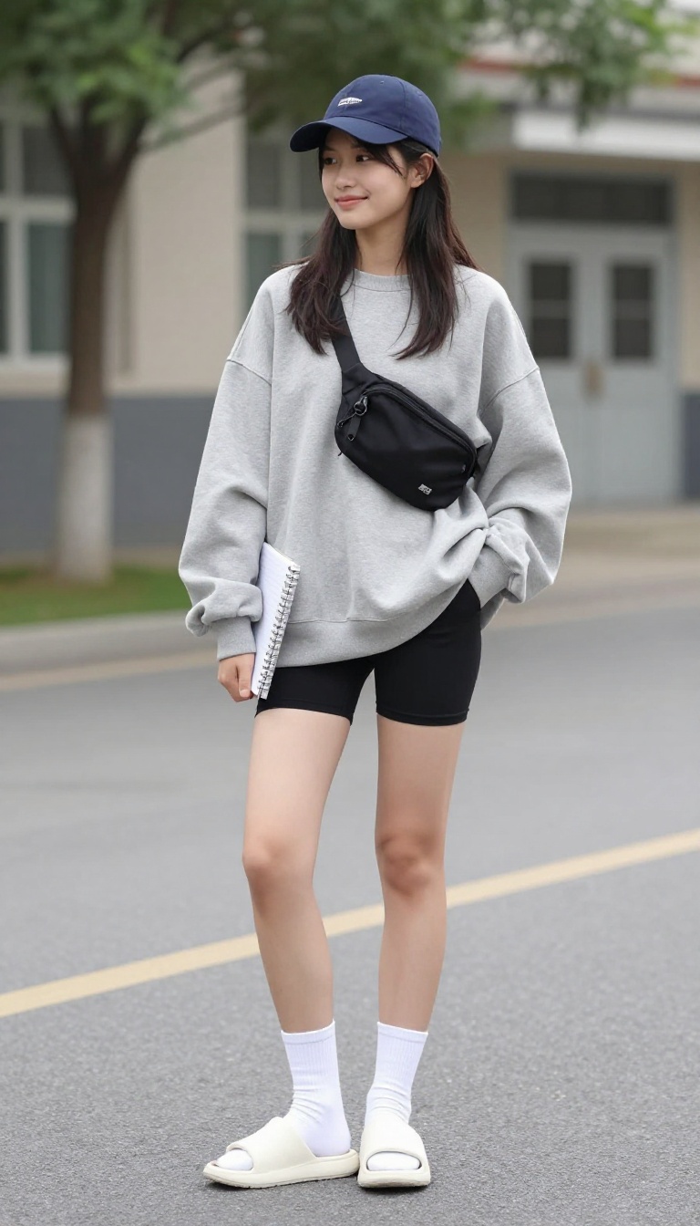 14. Sweatshirt + Bike Shorts + Crew Socks + Slides