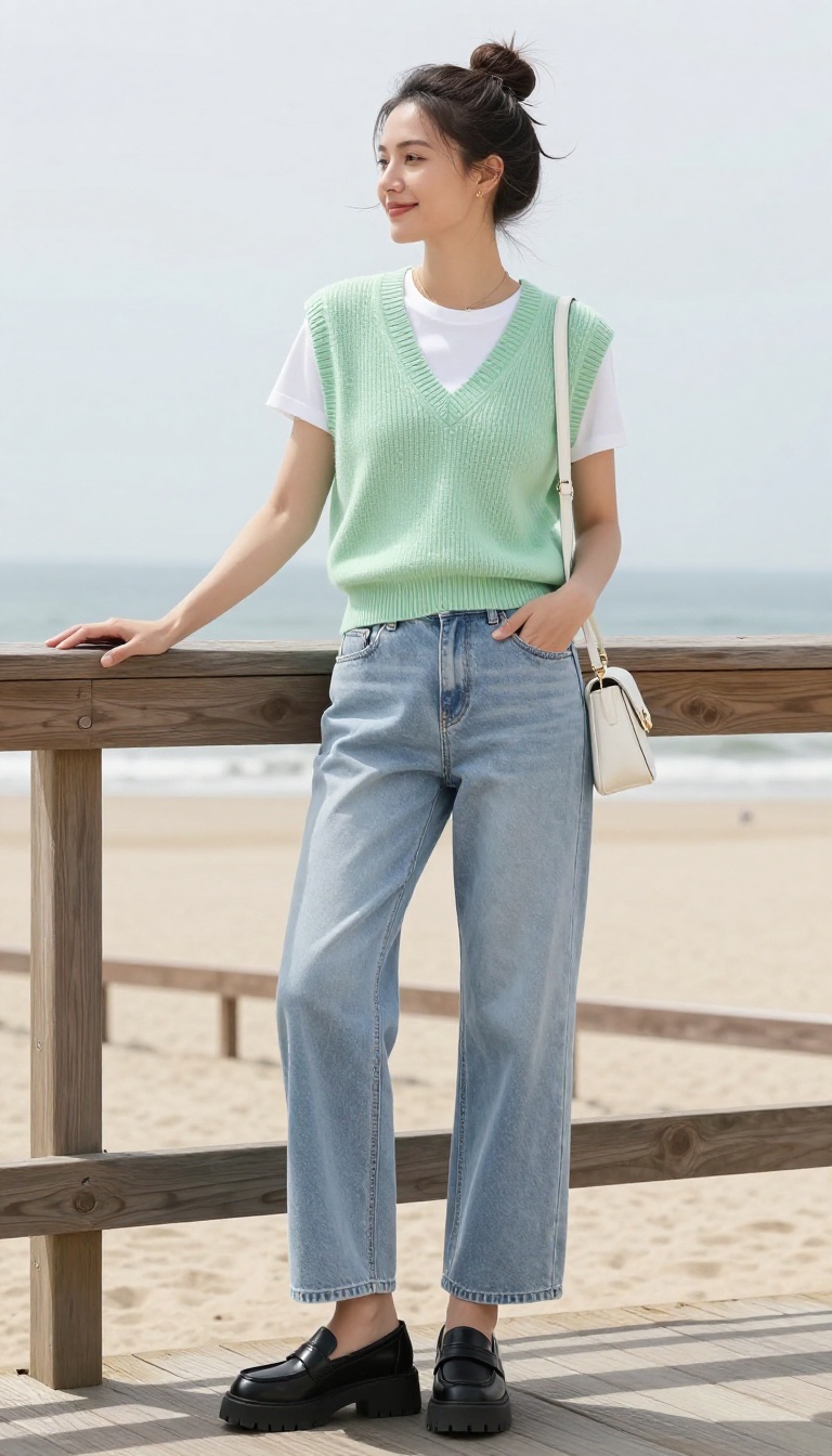 11. Sweater Vest + Wide-Leg Jeans + Chunky Loafers