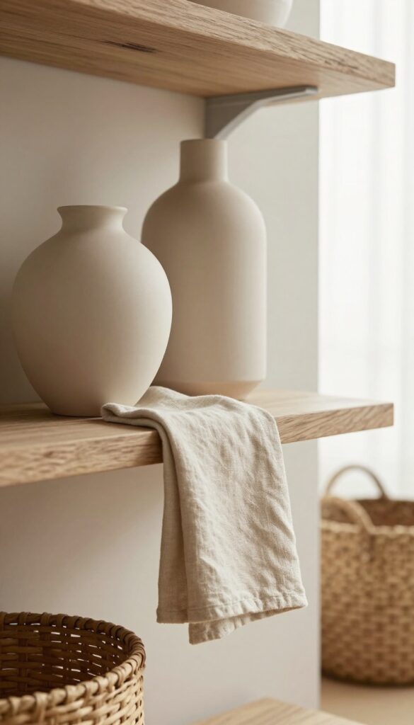 Close-up of a living room shelf styled with a smooth ceramic vase, rough wooden block, folded linen cloth, and woven basket in neutral tones, showing mixed textures in bright natural light.
