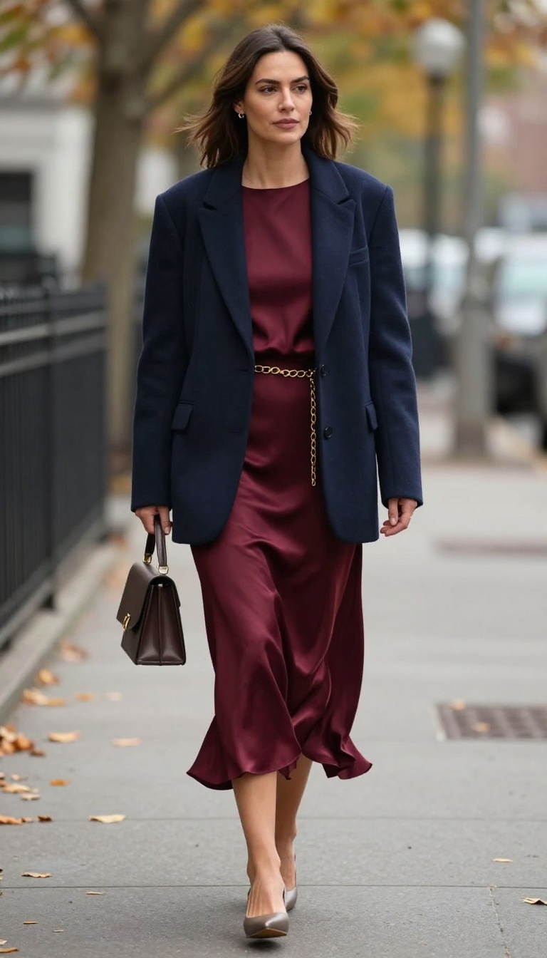 5. Satin Slip Skirt with a Chain Belt and Oversized Blazer