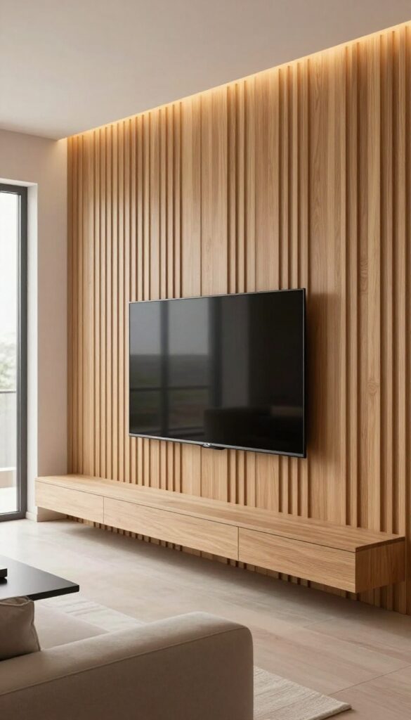Modern living room with a wall-mounted TV set against floor-to-ceiling light wood vertical slat panels, softly backlit, with minimal furniture and bright natural light