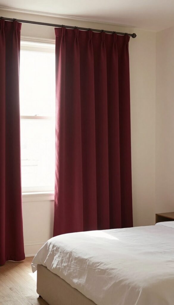 Floor-length maroon curtains hung high on a simple rod, framing a bright window and casting a warm glow across a neutral bedroom with white bedding