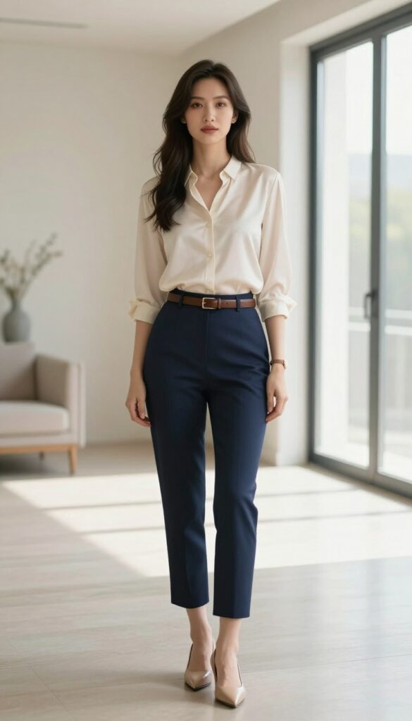 Woman in navy pencil skirt and cream silk blouse with leather belt and pumps in bright, elegant room