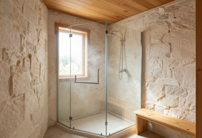 Bright rustic cabin shower with natural stone walk-in design, warm wood accents, and soft natural light for a relaxing spa-like feel
